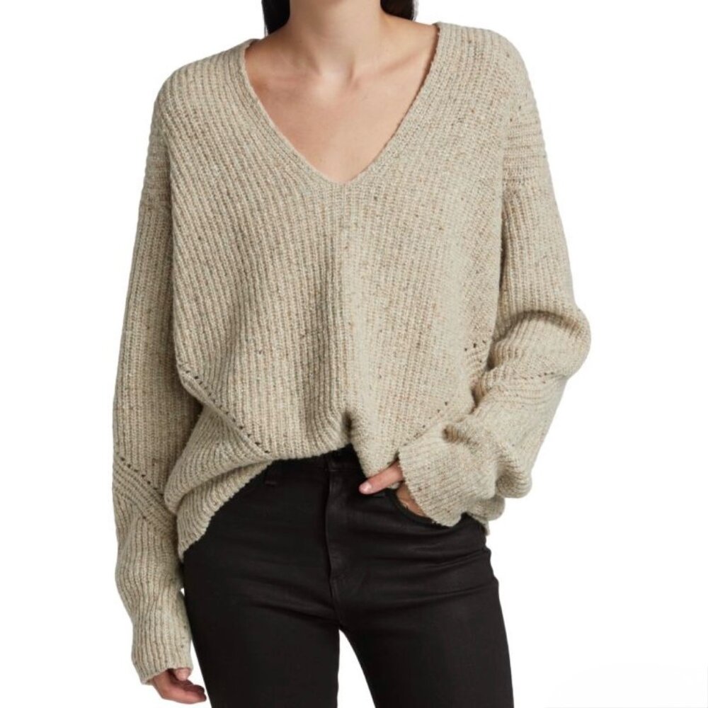 Rag & Bone Wool V-Neck Donegal Winter Sweater in Oatmeal Tan Beige Size‎ Small